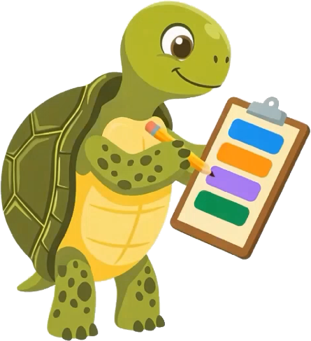 A tortoise holding a clipboard with a plan for the day